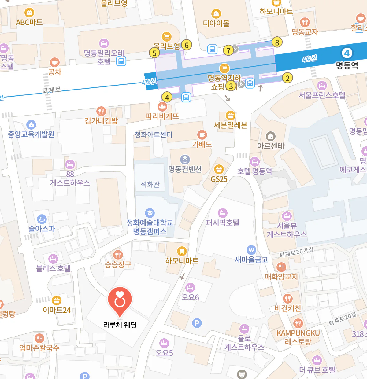 라루체 위치 지도 · 4호선 명동역 3번 출구 인근